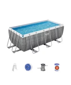 PISCINA FUORI TERRA CON STRUTTURA RETTANGOLARE BESTWAY "POWER STEEL FRAME"  CON COPERTURA, FILTRO, SCALA E CHEMCONNECT EFFETTO RATTAN 488X244X122 CM - COD. 56996